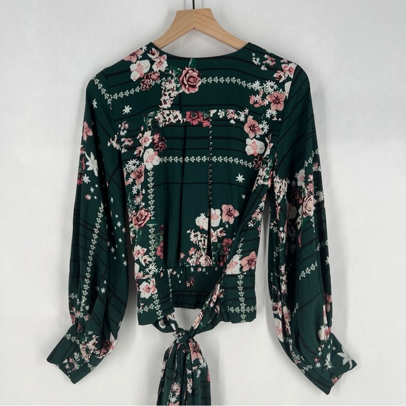 New York & Company Floral Green Full‎ Sleeve Tie Waist Faux Wrap Top Size S - Picture 9 of 14